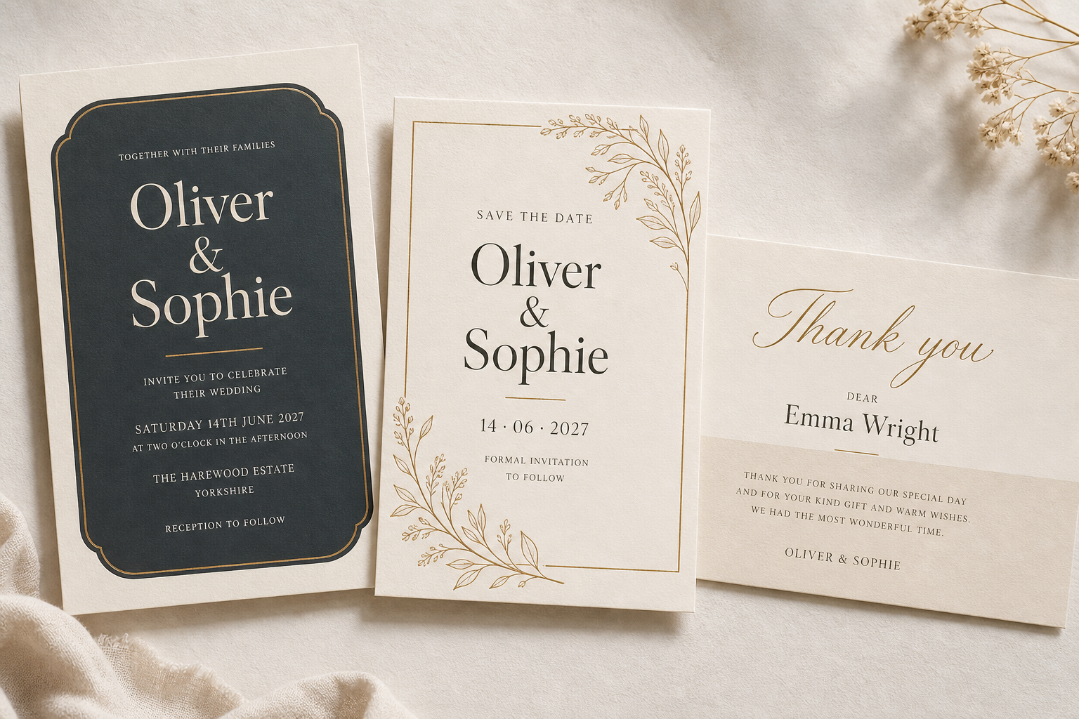 Three Weduler Design studio starters: invitation, save the date, and thank-you card