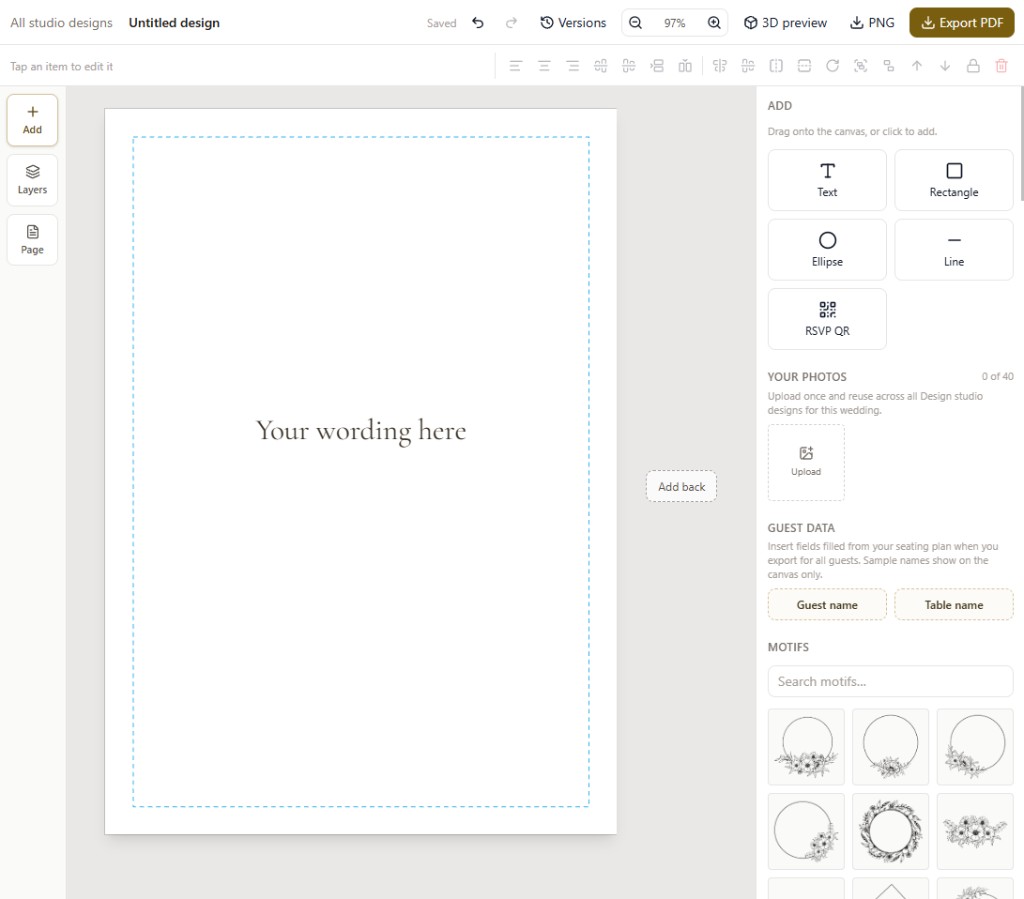 Weduler Design studio editor with canvas, add tools, and motif library
